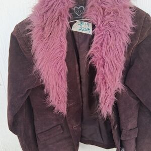 XOXO Women's Brown Jacket with Pink Faux Fur Collar
